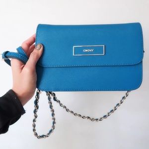 DKNY Blue Gold Saffiano Crossbody Clutch Bag